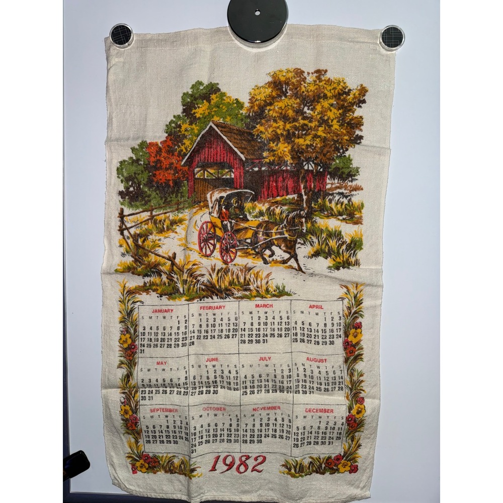 Vintage 1982 Linen Calendar Tea Towel Covered Bridge Horse Carriage Americana